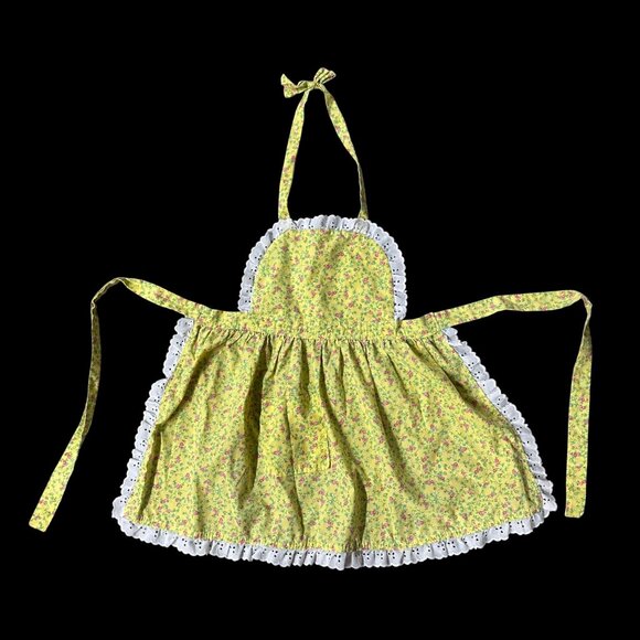 Handmade Little Apron Girls Yellow Pink Floral White Lace Trim Pocket Childs - Picture 2 of 5